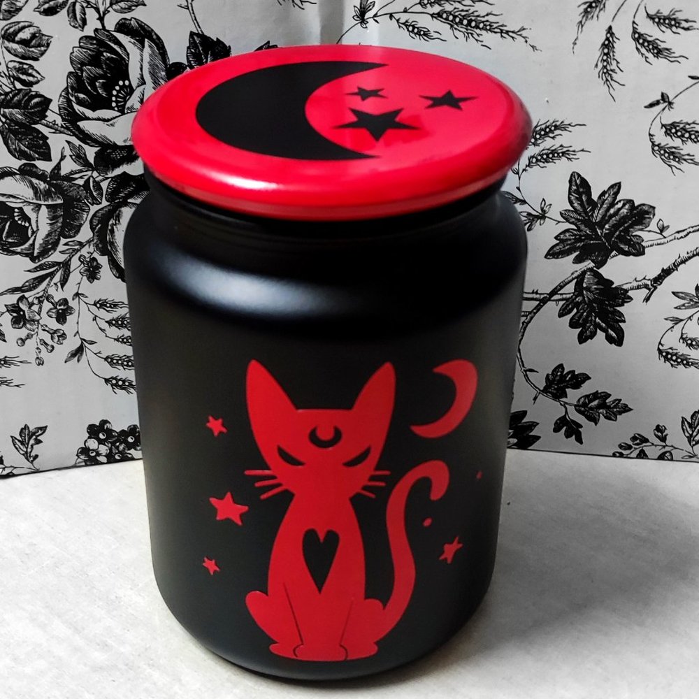 Red+Black Moon Cat Glass Storage Jar with Moon+Star Lid | Witchy Goth Home Decor